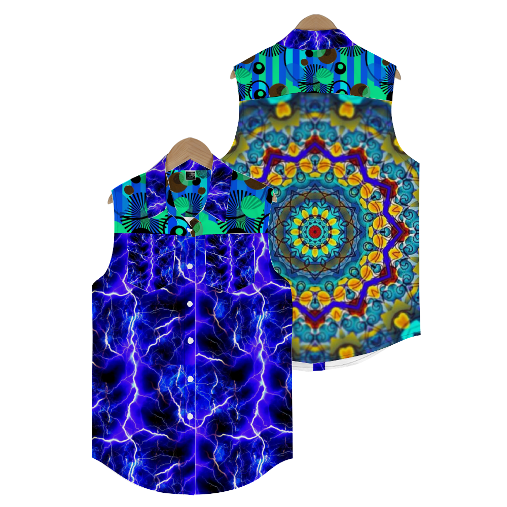 Blue Lightning Blur Kaleidoscope Custom Women's Sleeveless Shirt with Double Pockets Stylish Shirt