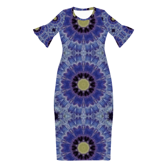 Blue Cathedral Kaleidoscope Custom Lotus Leaf Short Sleeve Long Dress Women's Summer Fashion Dress