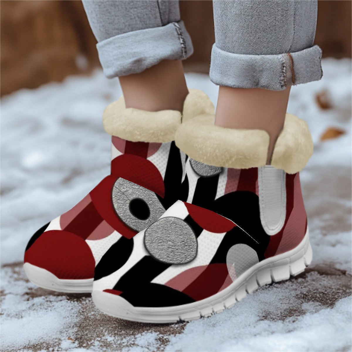 Snow Boots Black White Stripes Red Dots