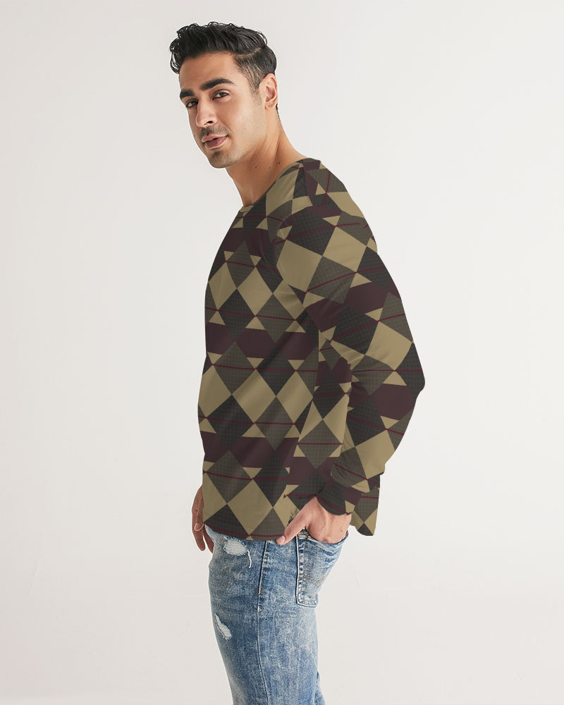 Checkered Brown Plaid Argyle Men's All-Over Print Long Sleeve Tee