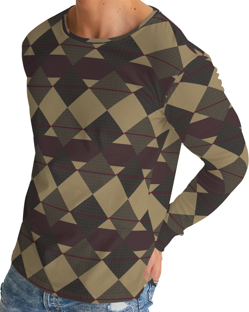 Checkered Brown Plaid Argyle Men's All-Over Print Long Sleeve Tee