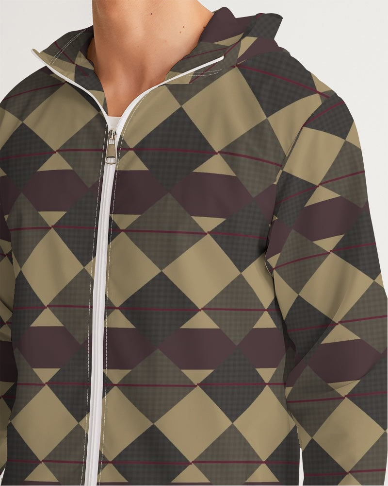 Checkered Brown Plaid Argyle Men's All-Over Print Windbreaker