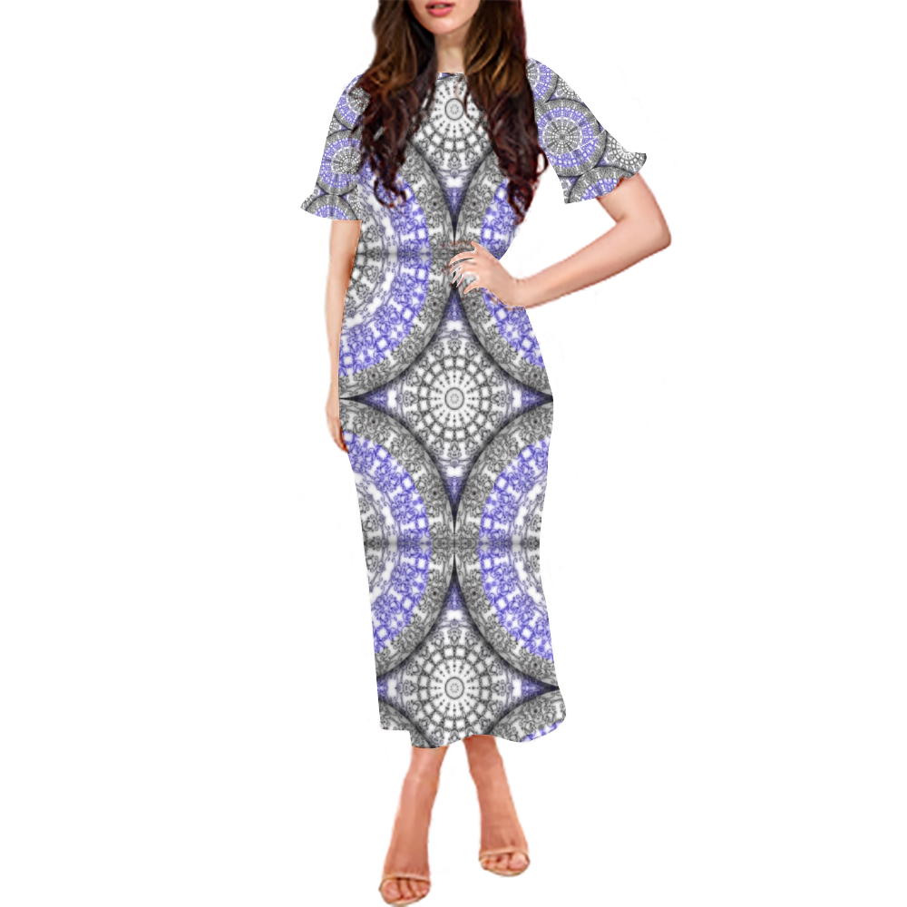 Blue and White Vines Pattern Custom Lotus Leaf Short Sleeve Long Dress Women's Summer Fashion Dress