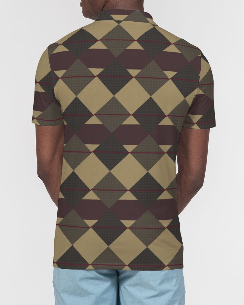 Checkered Brown Plaid Argyle Men's All-Over Print Slim Fit Short Sleeve Polo