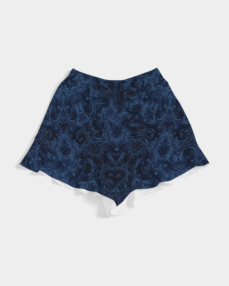 Blue Faux Velvet Kaleidoscope Women's All-Over Print Ruffle Shorts