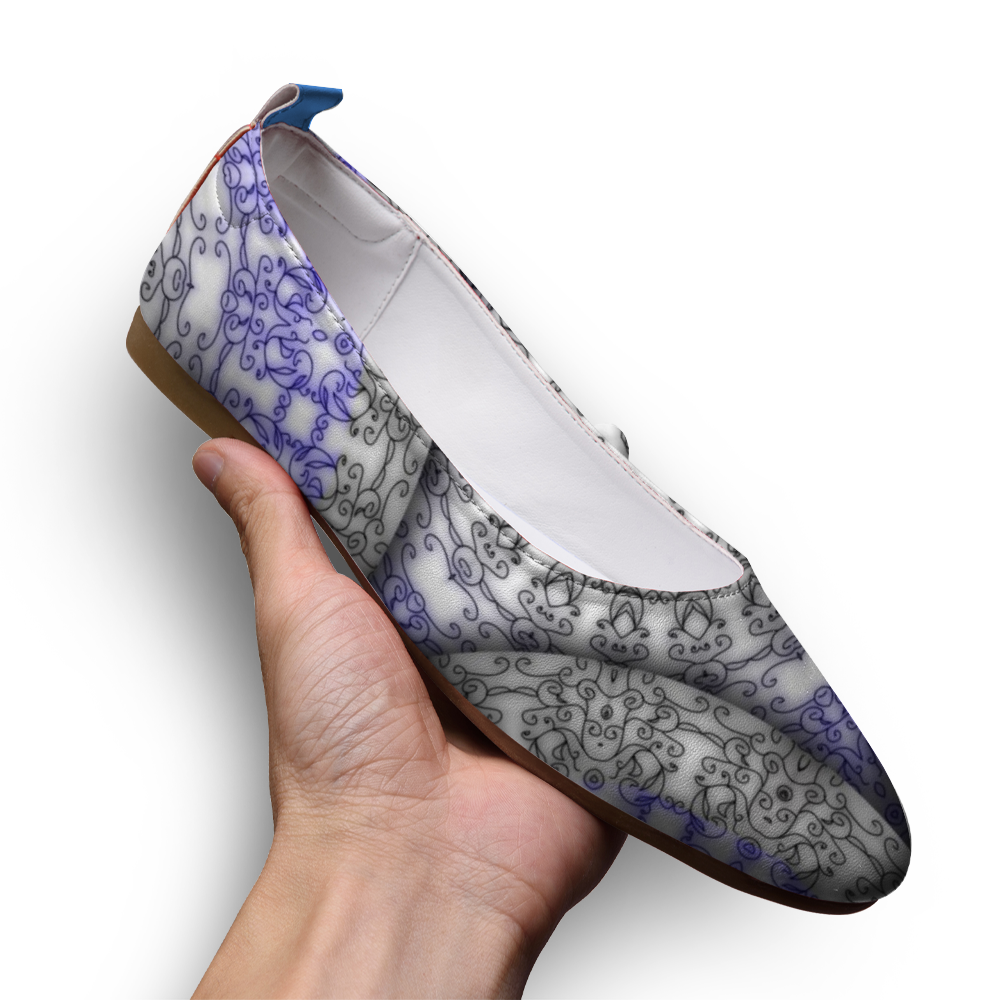 Blue and White Vines Pattern Custom Unisex Flat Shoes Leather Shoes Comfortable Round Toe Slip