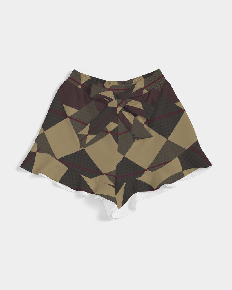 Checkered Brown Plaid Argyle Women's All-Over Print Ruffle Shorts