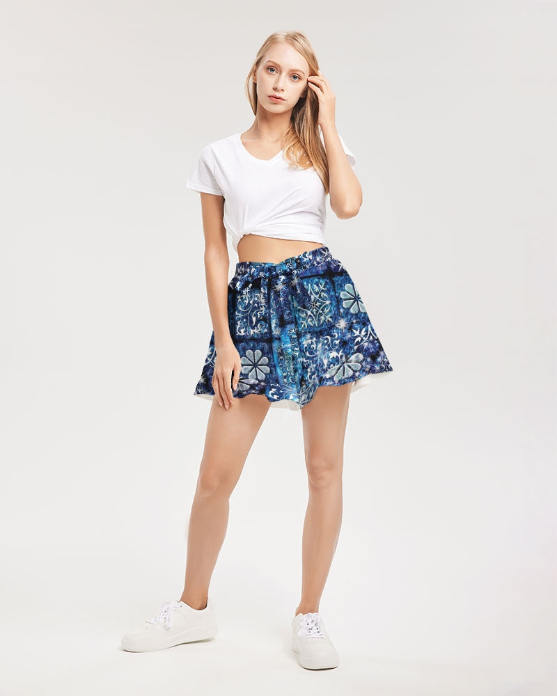Blue Ice Crystals Motif Women's All-Over Print Ruffle Shorts