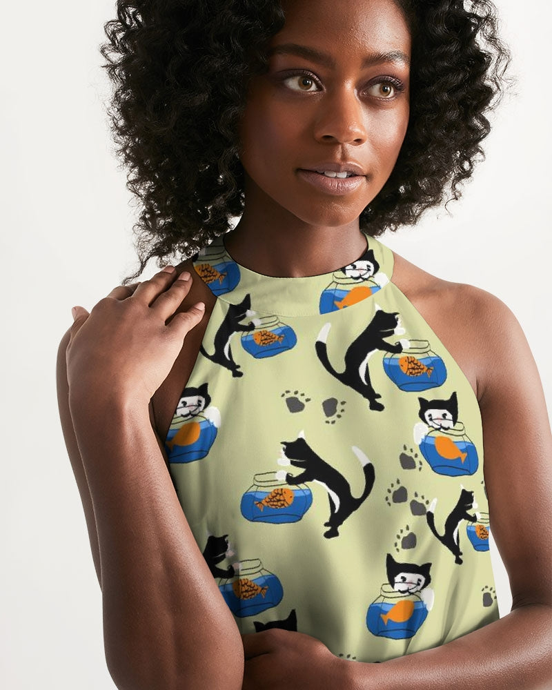 Cat and a Fishbowl Women's All-Over Print Halter Dress