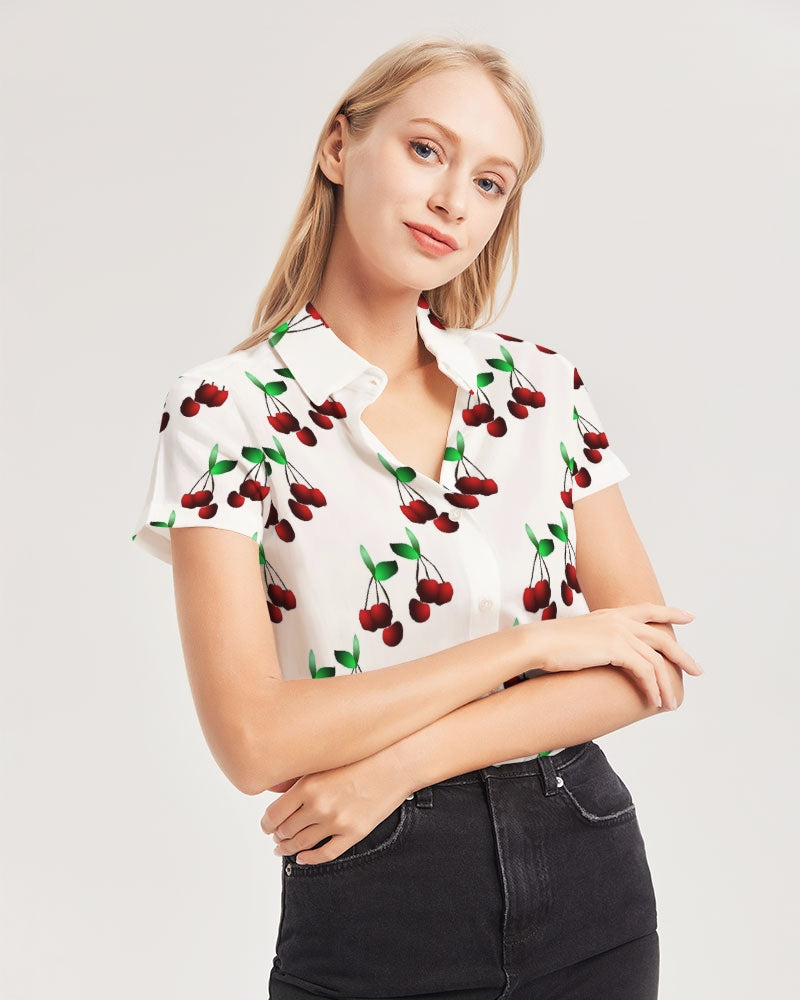 Cherries Pattern Women's All-Over Print Short Sleeve Button Up