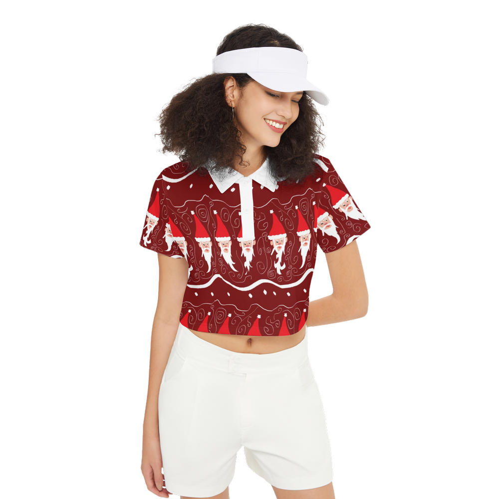 Bearded Santa Pattern Women's Short-Sleeve Crop Polo Shirt-Heavyweight 225g