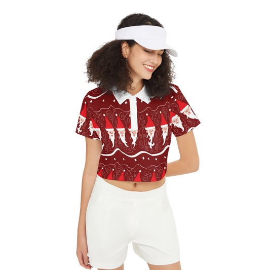 Bearded Santa Pattern Women's Short-Sleeve Crop Polo Shirt-Heavyweight 225g