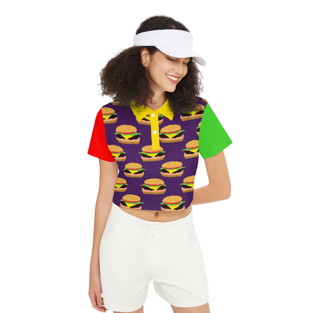 Cheeseburger Pattern Women's Short-Sleeve Crop Polo Shirt-Heavyweight 225g