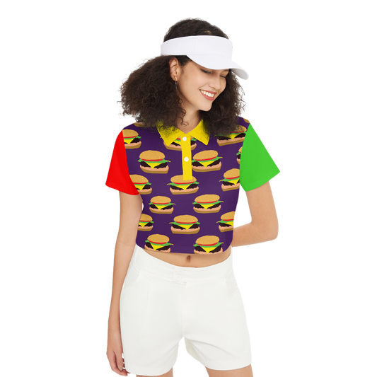 Cheeseburger Pattern Women's Short-Sleeve Crop Polo Shirt-Heavyweight 225g