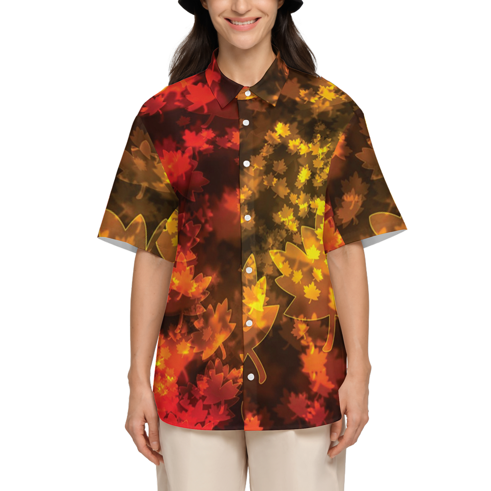 Fall Leaves In Bokeh Women's Short-Sleeve Button-Up Shirt-Cotton Feel