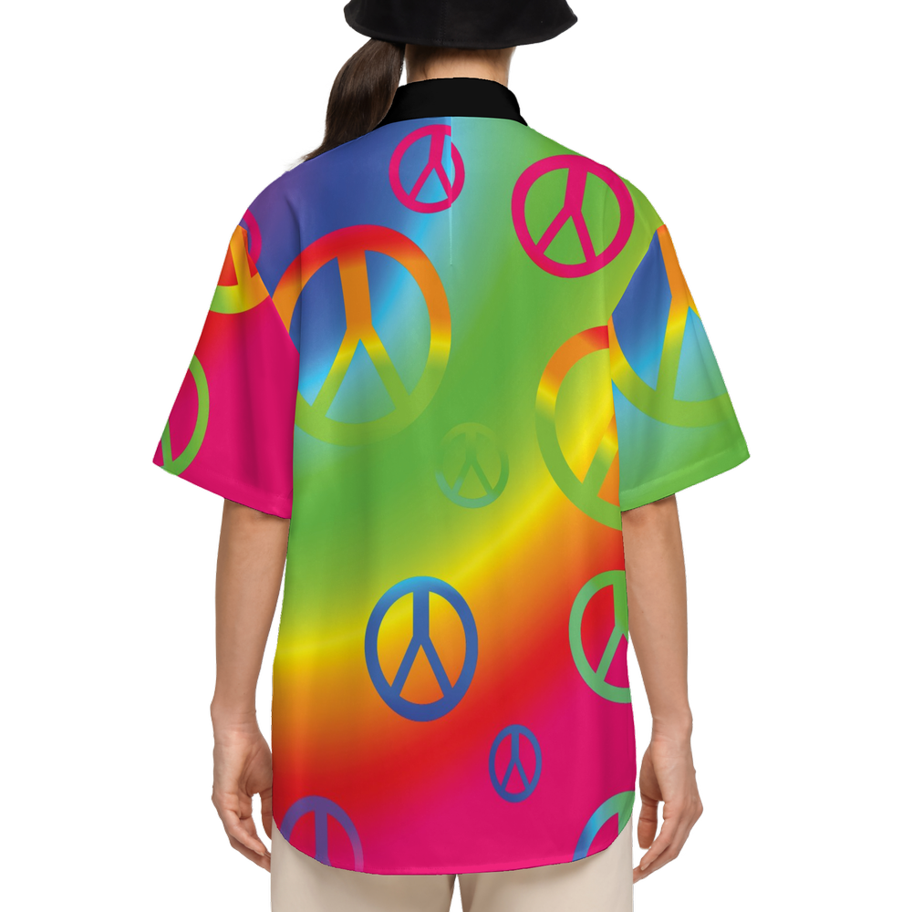 Rainbow Peace Signs Women's Short-Sleeve Button-Up Shirt-Cotton Feel