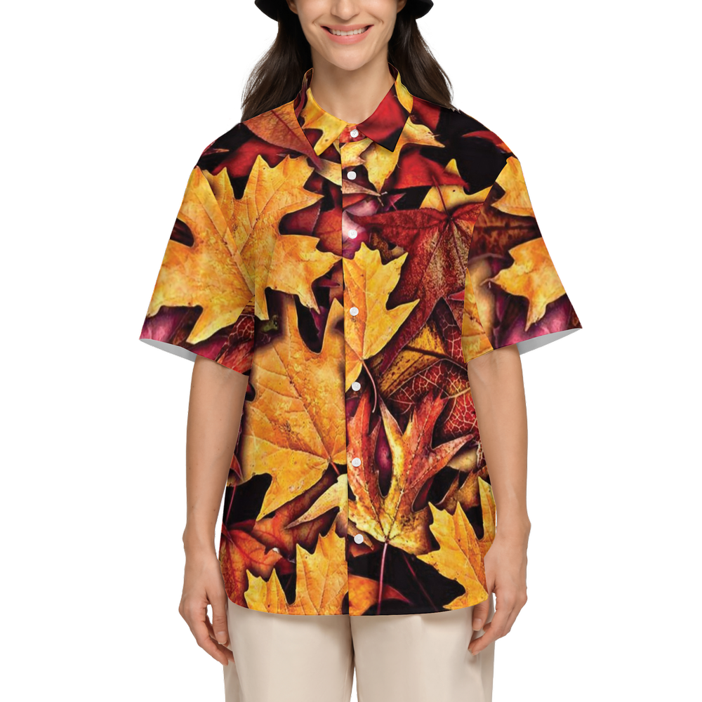 Fall Leaves Pattern Women's Short-Sleeve Button-Up Shirt-Cotton Feel