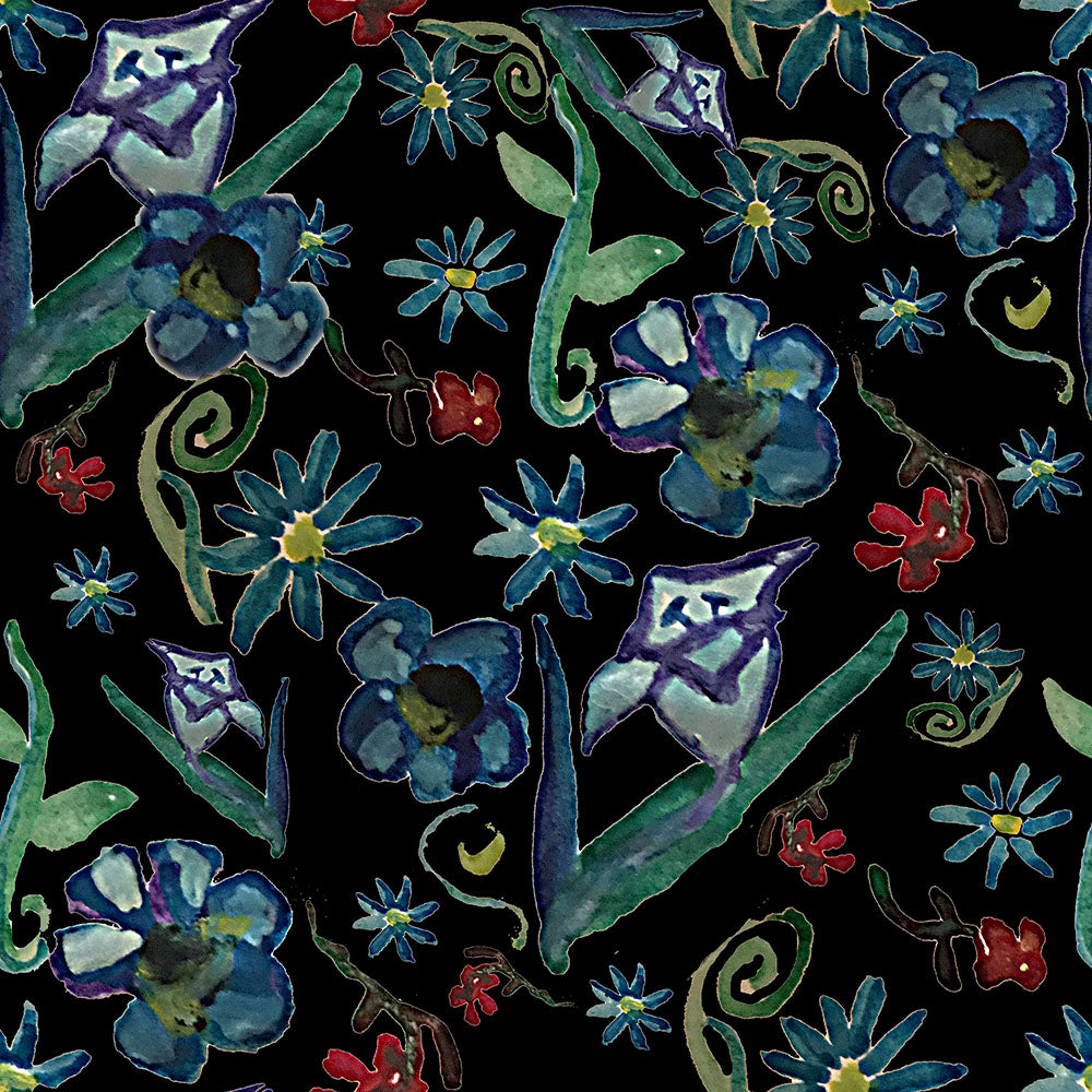Watercolor Flowers on Black Digital Image Download