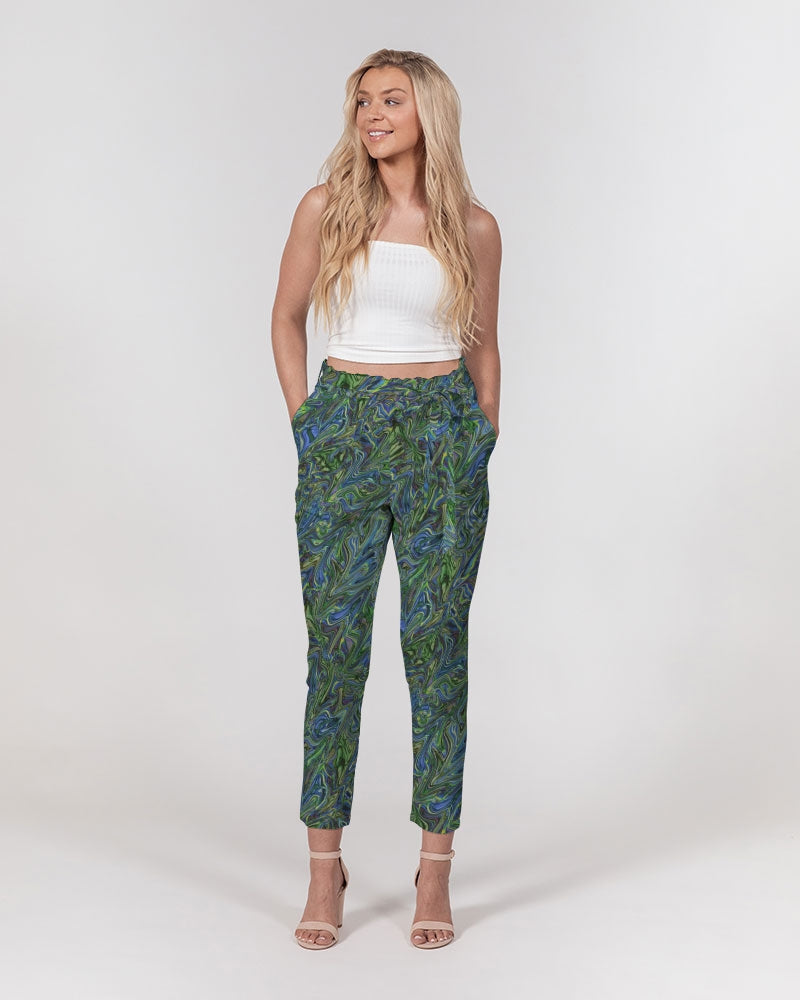 Blue Green Liquid Marbling Women's Belted Tapered Pants