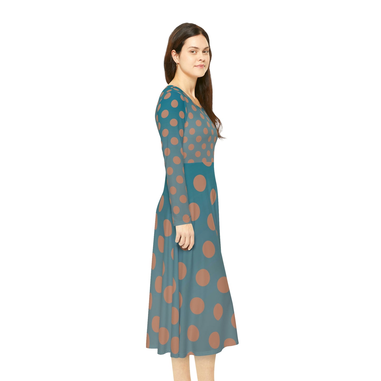 Denim and Brown Polkadots Women's Long Sleeve Dance Dress