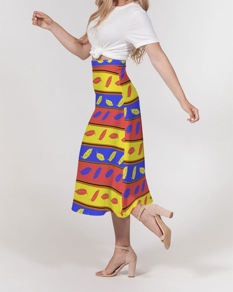 Red Yellow and Blue Leaf Stripes Women's A-Line Midi Skirt