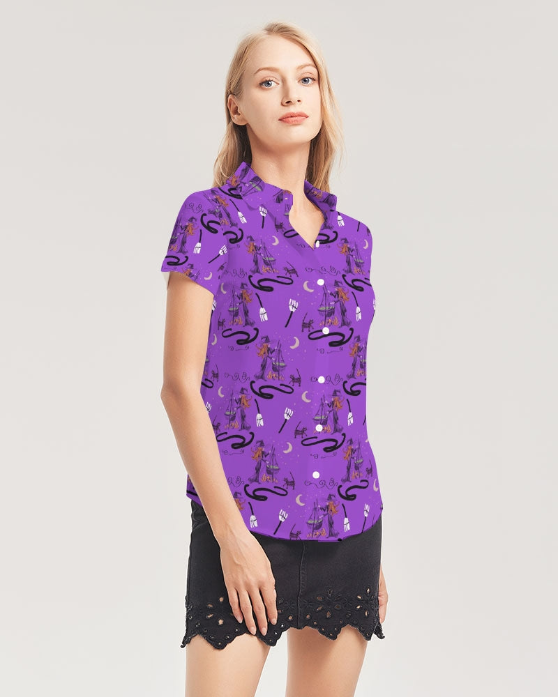 Witch Cat Cauldron Pattern Women's Short Sleeve Button Up