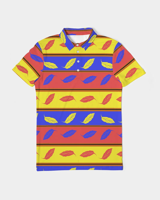 Red Yellow and Blue Leaf Stripes Men's Slim Fit Short Sleeve Polo