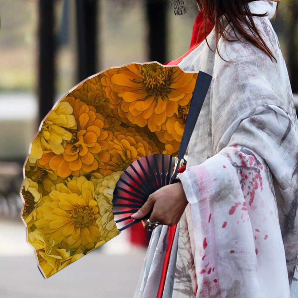 Yellow Zinnias Double-side Custom Spun Silk Fan Retro Hand-held Folding Fan