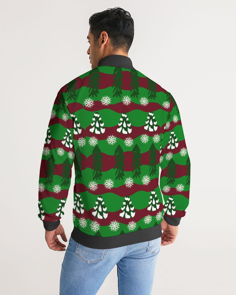 Snowy Evergreen Pattern Men's Stripe-Sleeve Track Jacket
