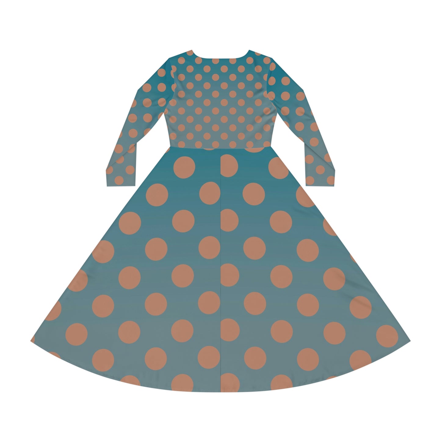 Denim and Brown Polkadots Women's Long Sleeve Dance Dress