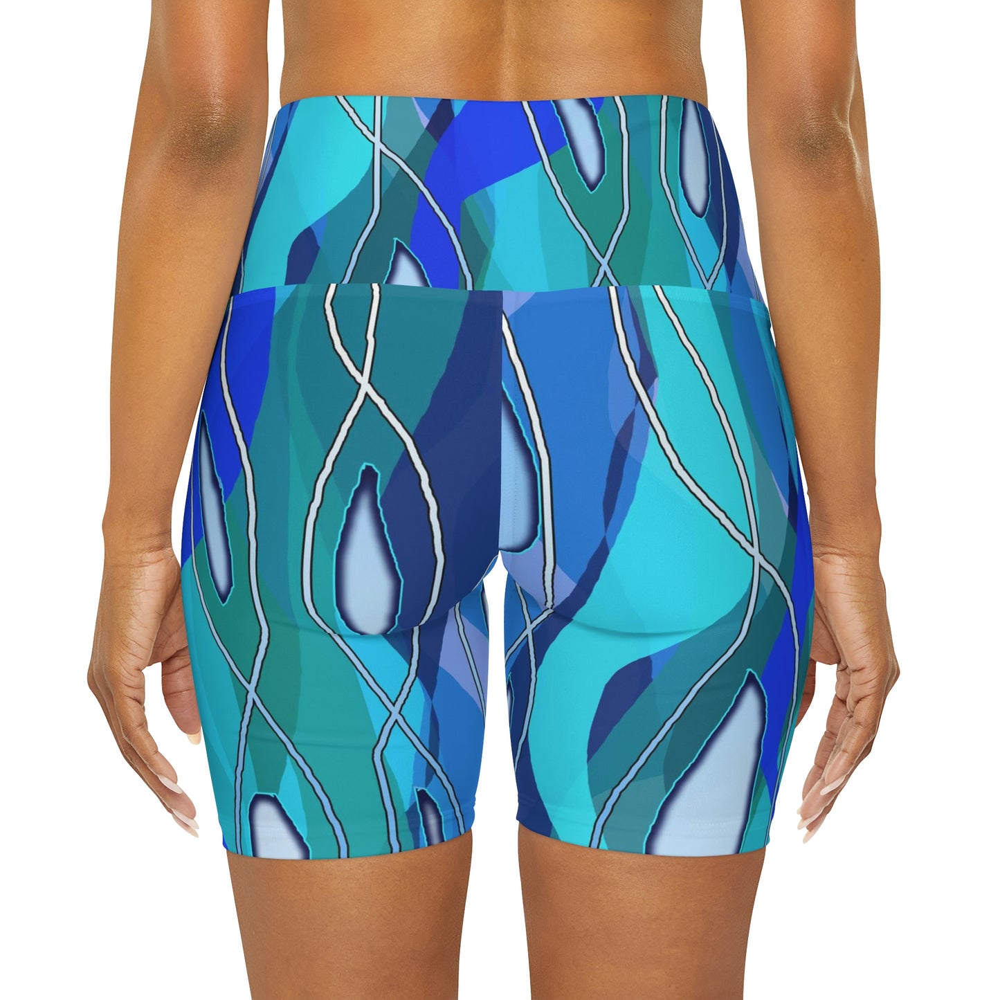 Wavy Blue Abstract High Waisted Yoga Shorts (AOP)