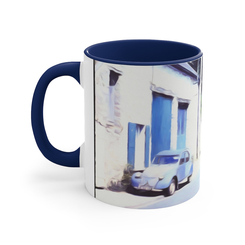 Vintage Travel Blue Car on Street Accent Coffee Mug, 11oz