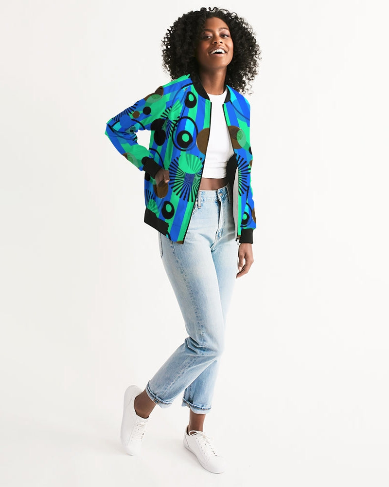 Blue Green Stripes and Dots Women's Bomber Jacket
