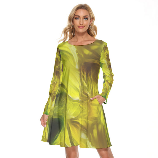 Yellow Daffodils All-Over Print Women's Crew Neck Dress