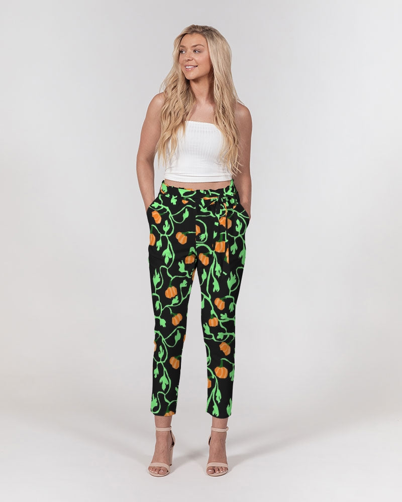 Pumpkin and Vines Patttern Women's Belted Tapered Pants