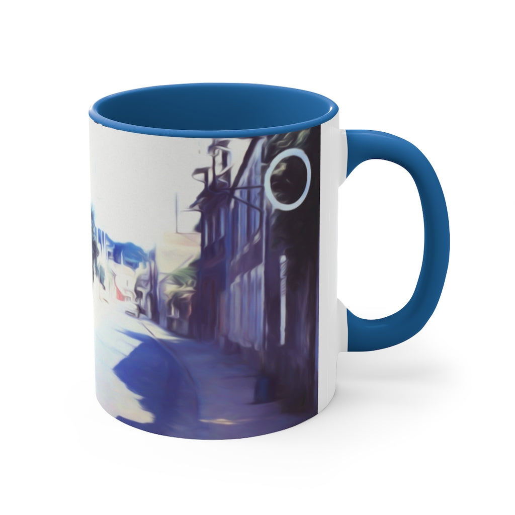 Vintage Travel Blue Car on Street Accent Coffee Mug, 11oz