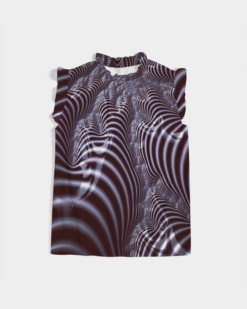 Black and White Spiral Fractal Women's Ruffle Sleeve Top