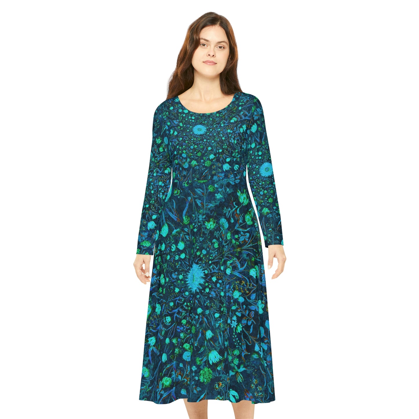 Blue Green Medieval Flowers Women's Long Sleeve Dance Dress (AOP)