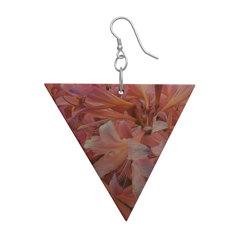 Pink Amaryllis Flowers Wooden Geometric Earrings