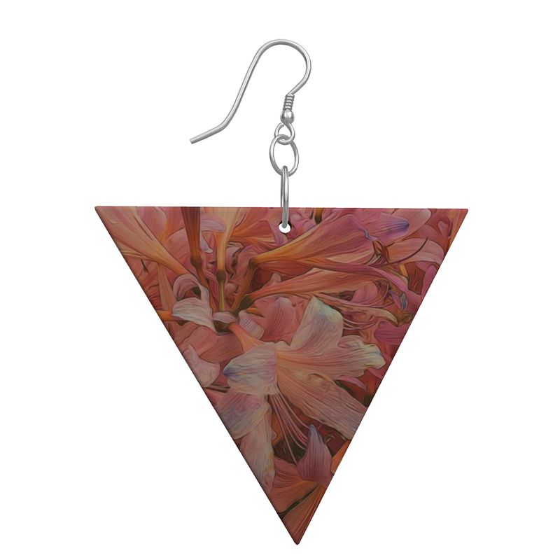 Pink Amaryllis Flowers Wooden Geometric Earrings