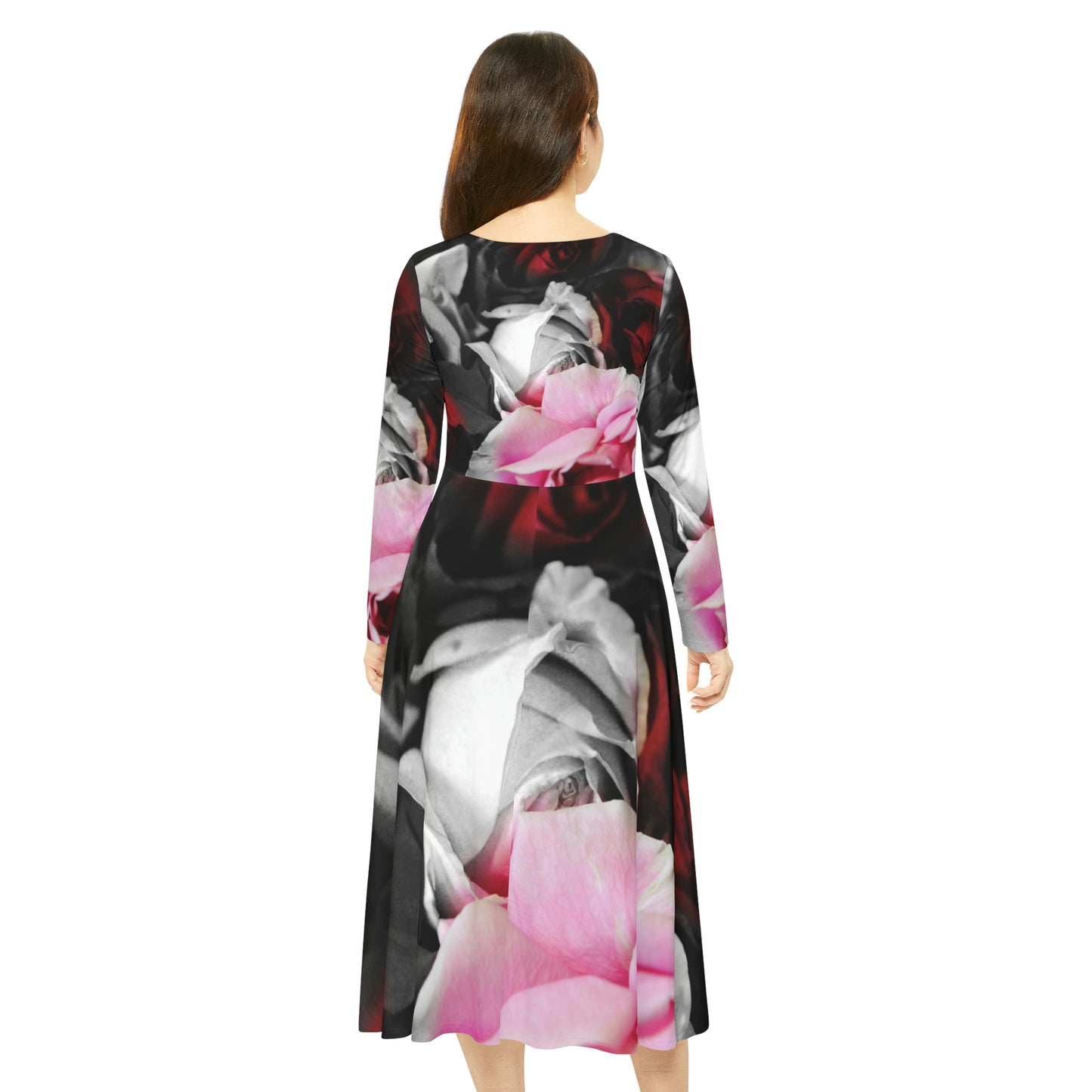 Black and White Roses Fade Women's Long Sleeve Dance Dress