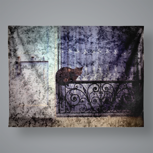 Cat on a Balcony 1967 Large Velvet Wall Tapestry