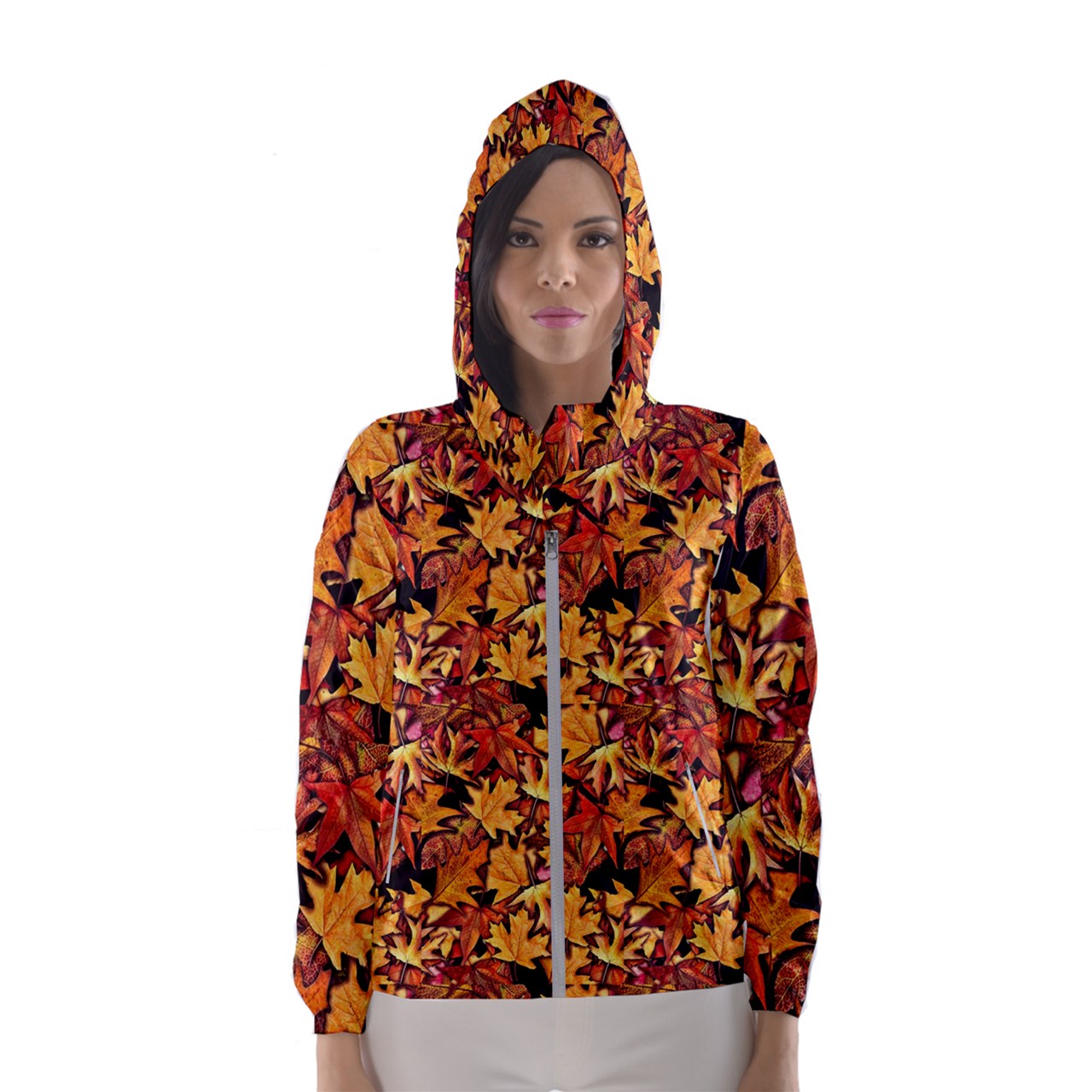 Fall Leaves Pattern Women's Hooded Windbreaker