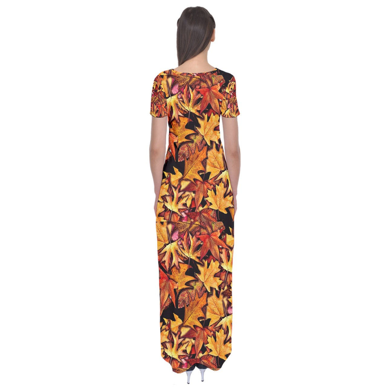 Fall Leaves Pattern Short Sleeve Maxi Dress