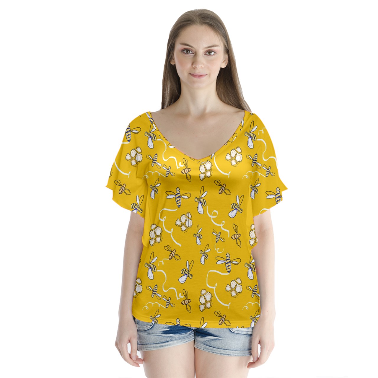 Honeybees V-Neck Flutter Sleeve Top