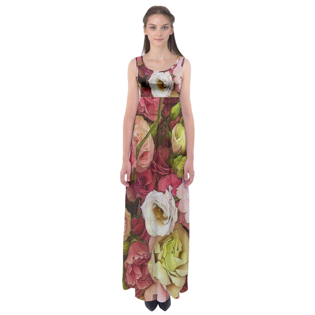 Pink Lisianthus Flowers Empire Waist Maxi Dress