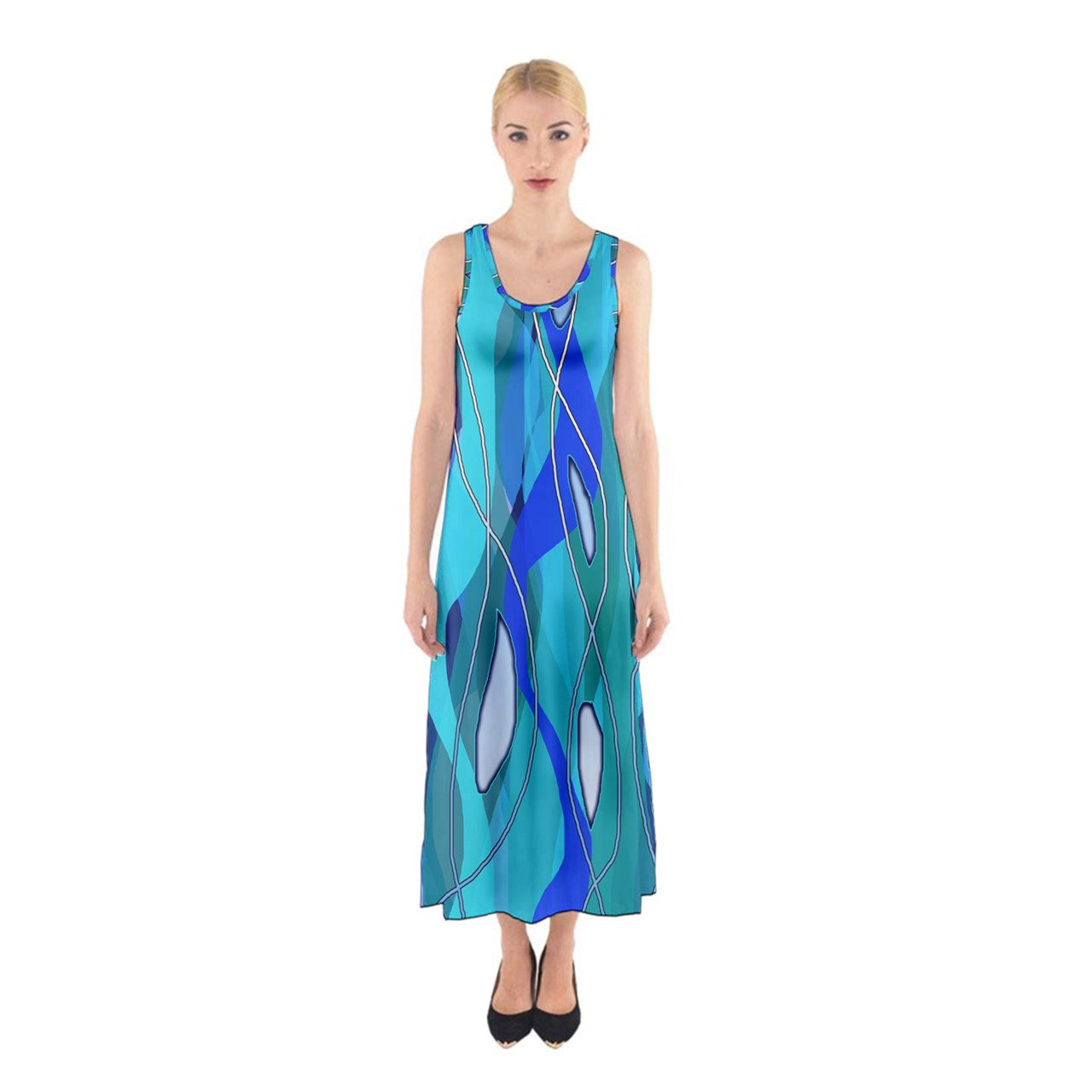 Wavy Blue Sleeveless Maxi Dress