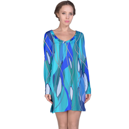 Wavy Blue Long Sleeve Nightdress