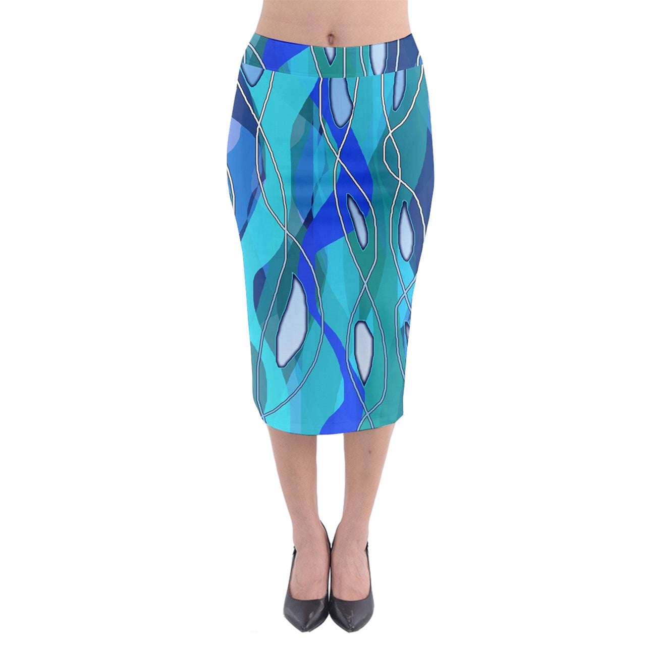 Wavy Blue Midi Pencil Skirt