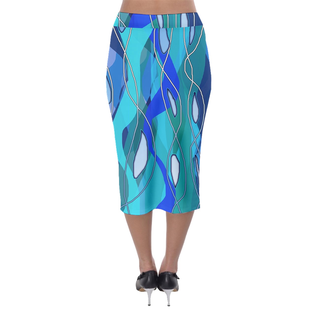 Wavy Blue Midi Pencil Skirt